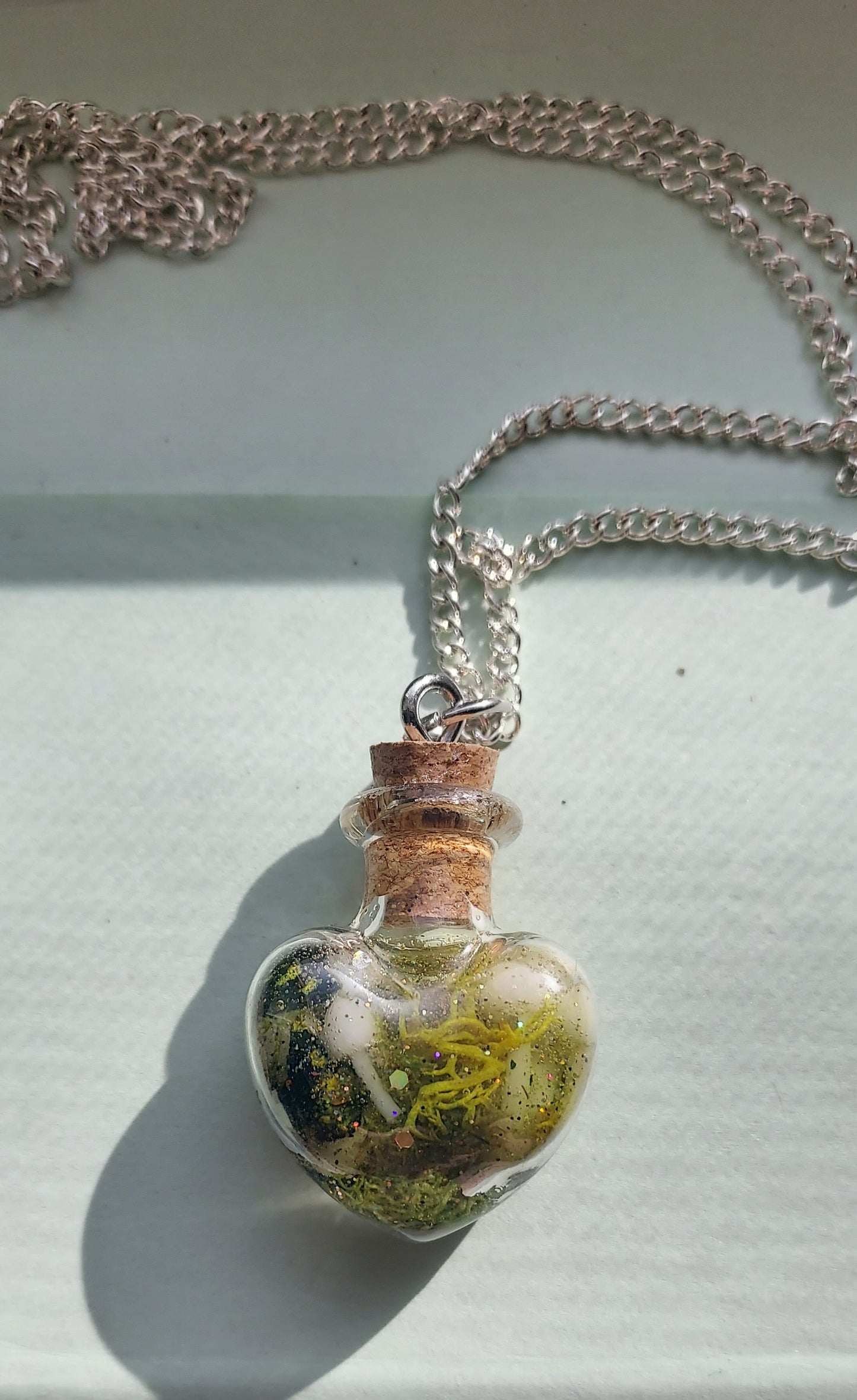 Mushroom & Moss Heart Bottle Necklace